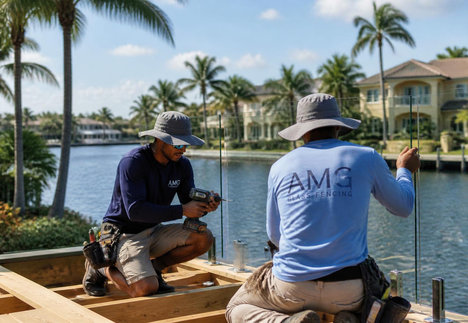 AMG Glass Fencing installation team installing a frameless glass railing on a Florida waterfront property